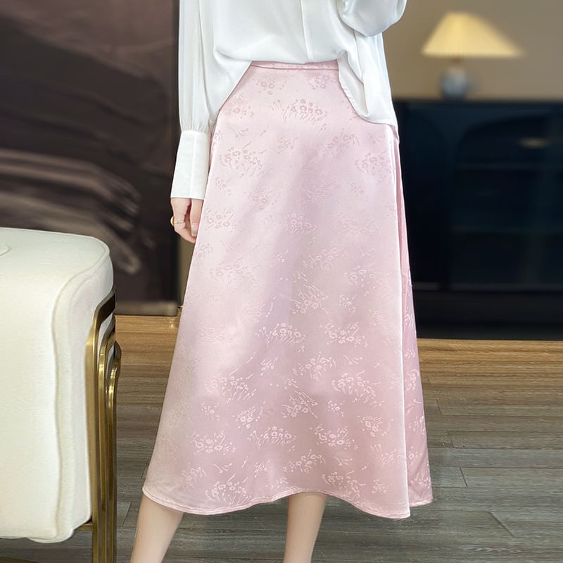 High Waist Floral Jacquard Satin Midi A-Line Skirt