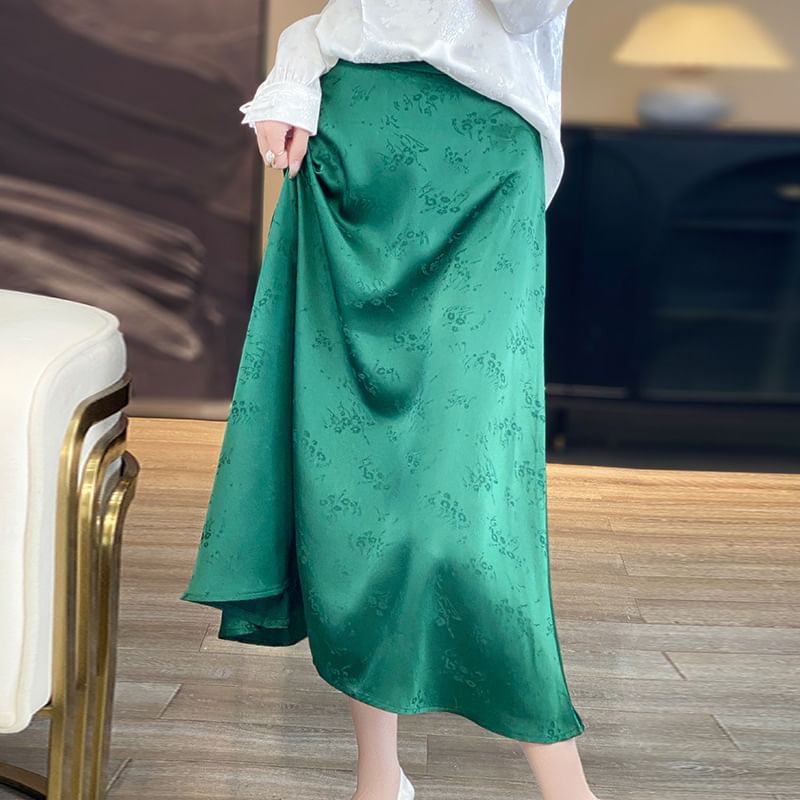 High Waist Floral Jacquard Satin Midi A-Line Skirt