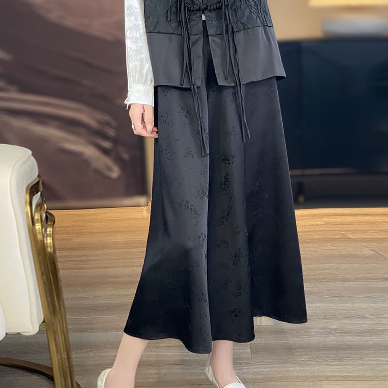 High Waist Floral Jacquard Satin Midi A-Line Skirt