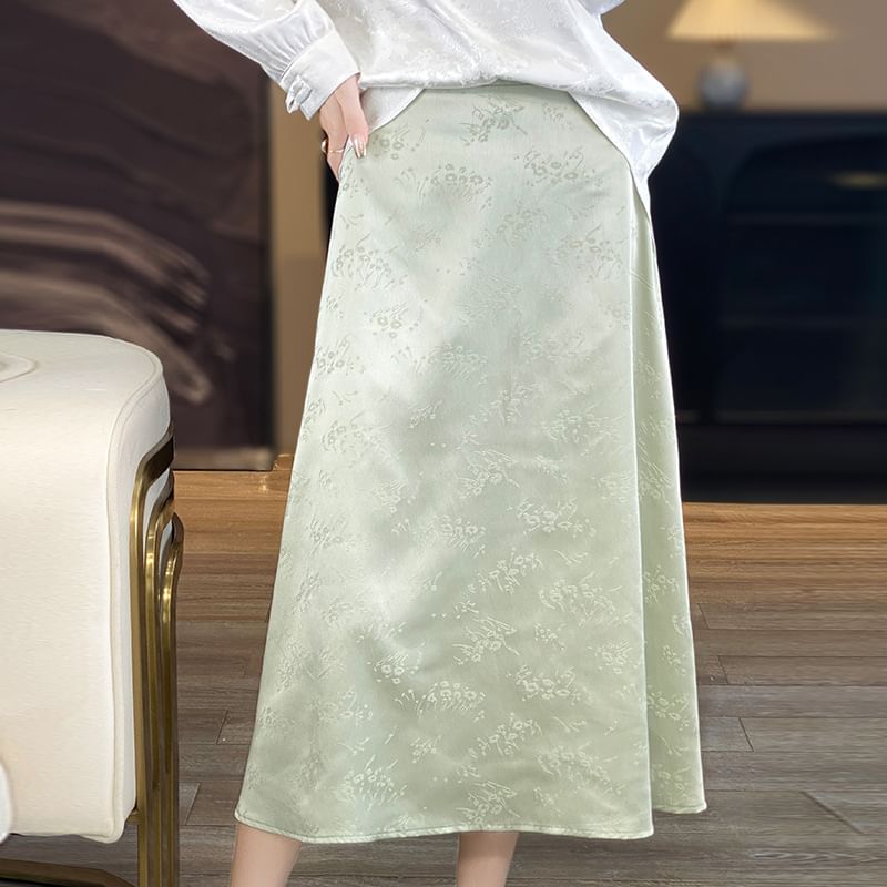 High Waist Floral Jacquard Satin Midi A-Line Skirt