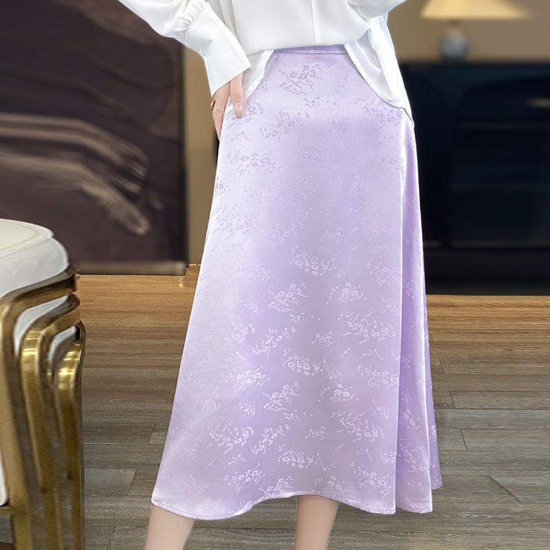 High Waist Floral Jacquard Satin Midi A-Line Skirt
