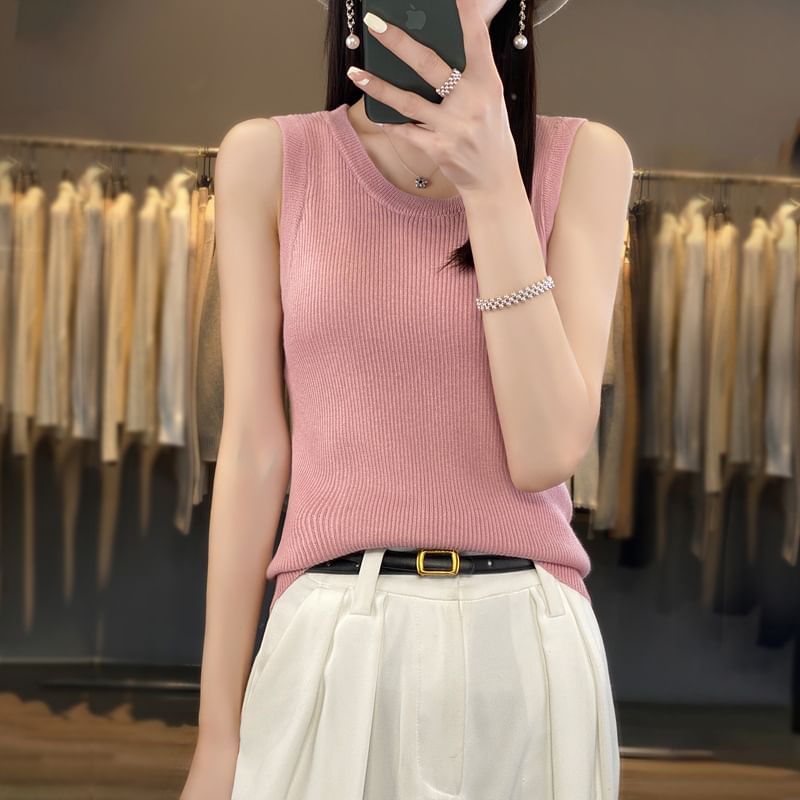 Round Neck Plain Ribbed Knit Tank Top