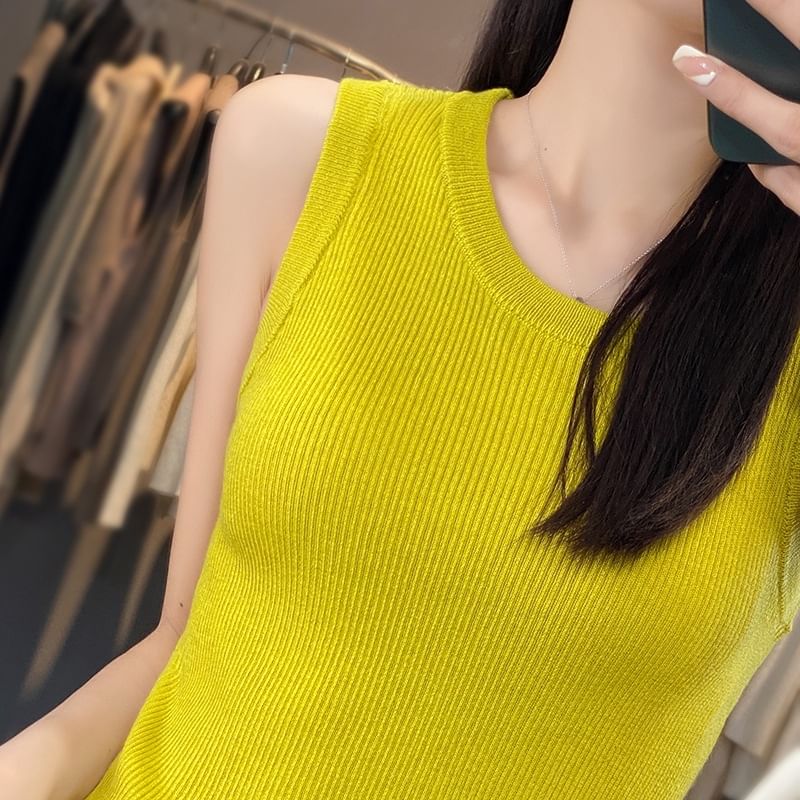 Round Neck Plain Ribbed Knit Tank Top