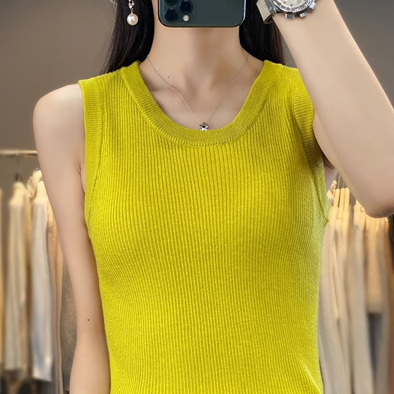 Round Neck Plain Ribbed Knit Tank Top