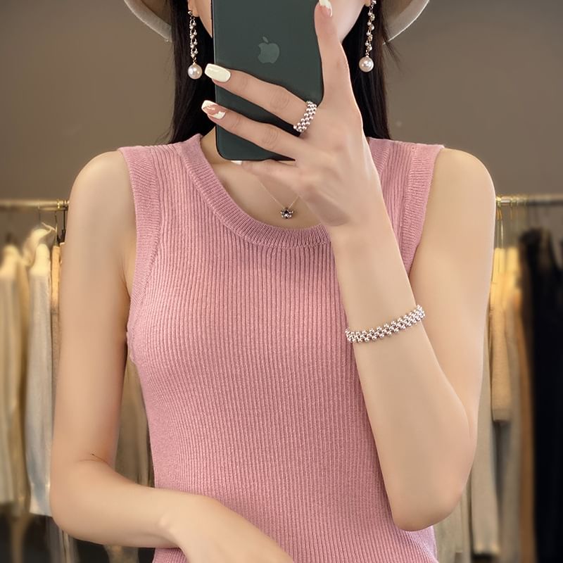 Round Neck Plain Ribbed Knit Tank Top