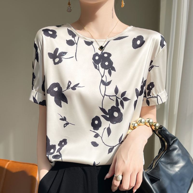 Short-Sleeve Crew Neck Floral Print Satin Tee