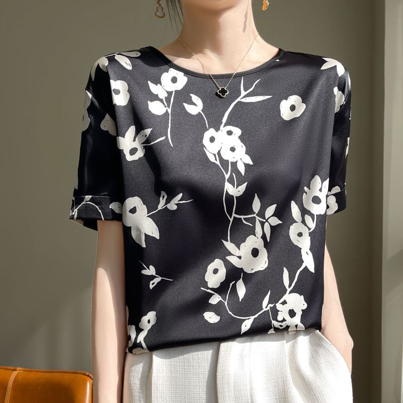 Short-Sleeve Crew Neck Floral Print Satin Tee