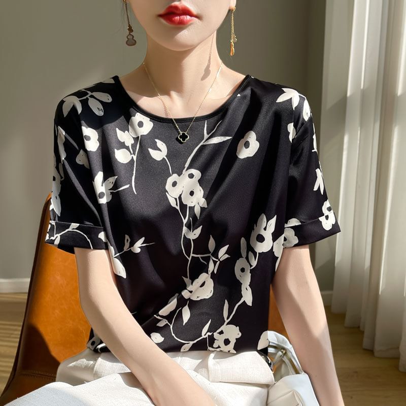Short-Sleeve Crew Neck Floral Print Satin Tee