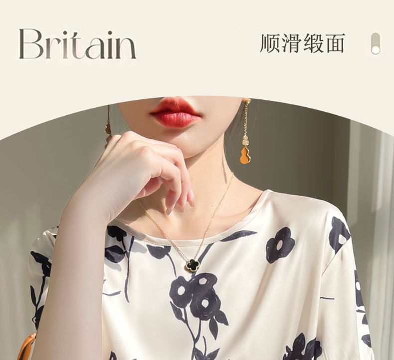 Short-Sleeve Crew Neck Floral Print Satin Tee