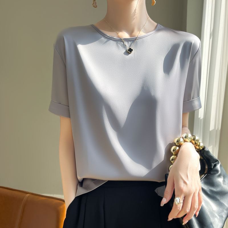 Short-Sleeve Crew Neck Plain Satin T-Shirt