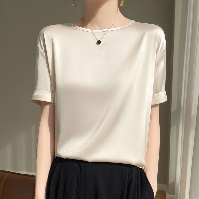 Short-Sleeve Crew Neck Plain Satin T-Shirt