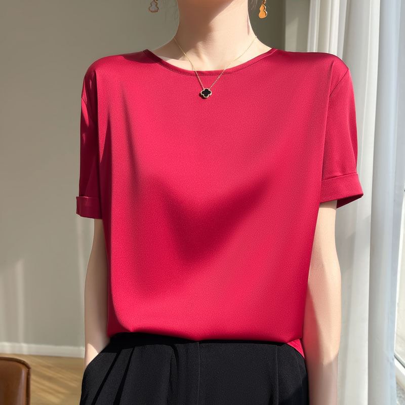 Short-Sleeve Crew Neck Plain Satin T-Shirt