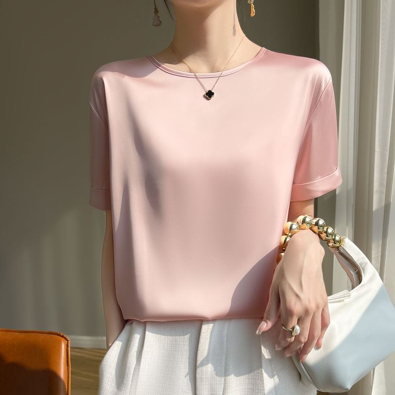 Short-Sleeve Crew Neck Plain Satin T-Shirt