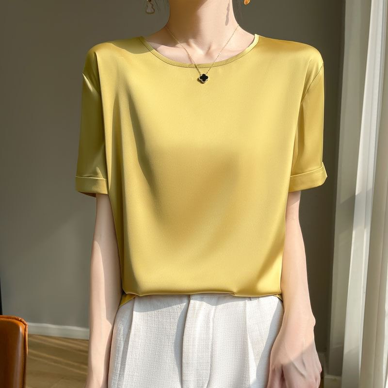 Short-Sleeve Crew Neck Plain Satin T-Shirt