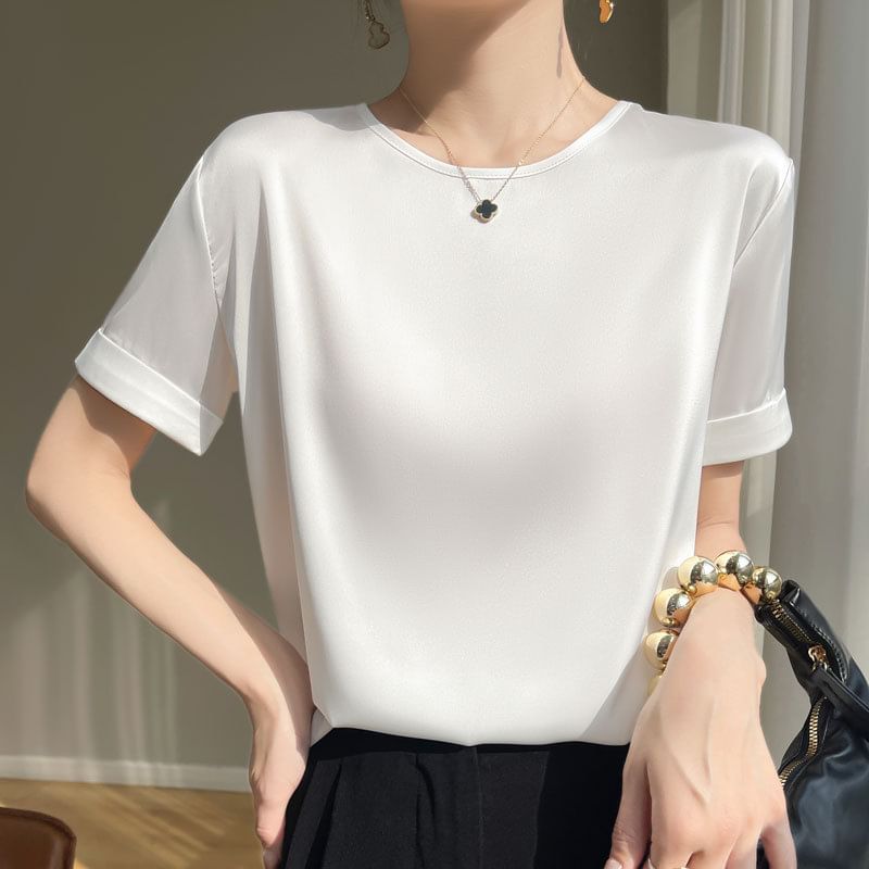 Short-Sleeve Crew Neck Plain Satin T-Shirt