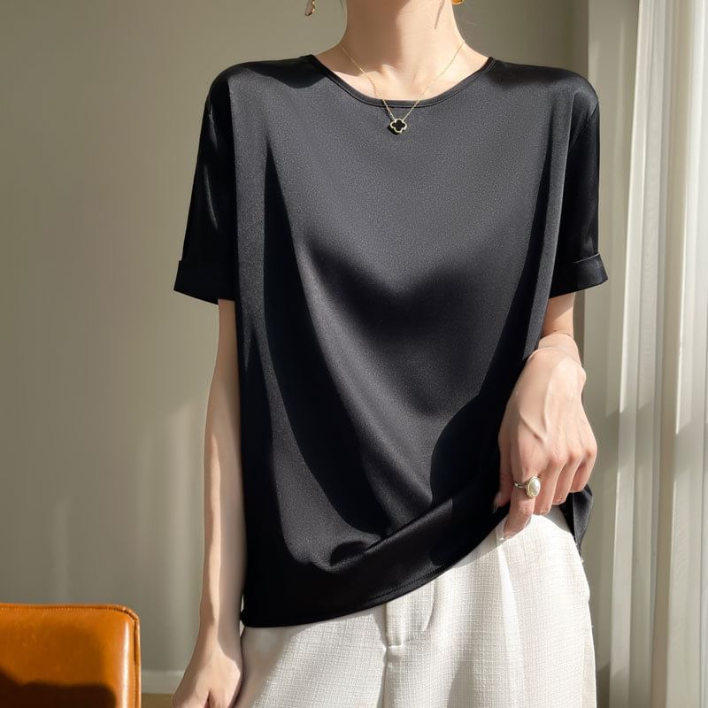 Short-Sleeve Crew Neck Plain Satin T-Shirt