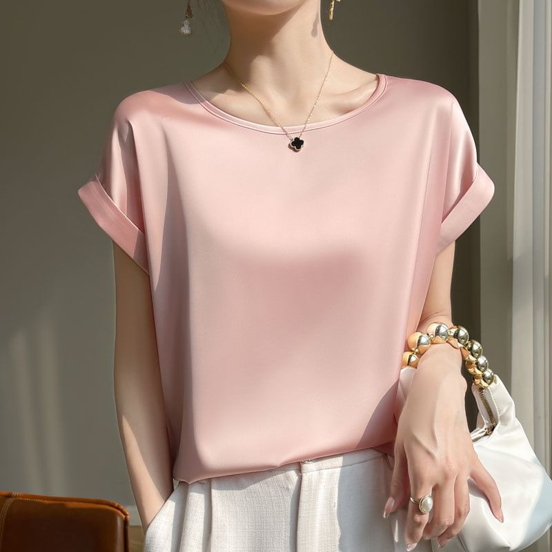 Short-Sleeve Round Neck Plain Satin T-Shirt
