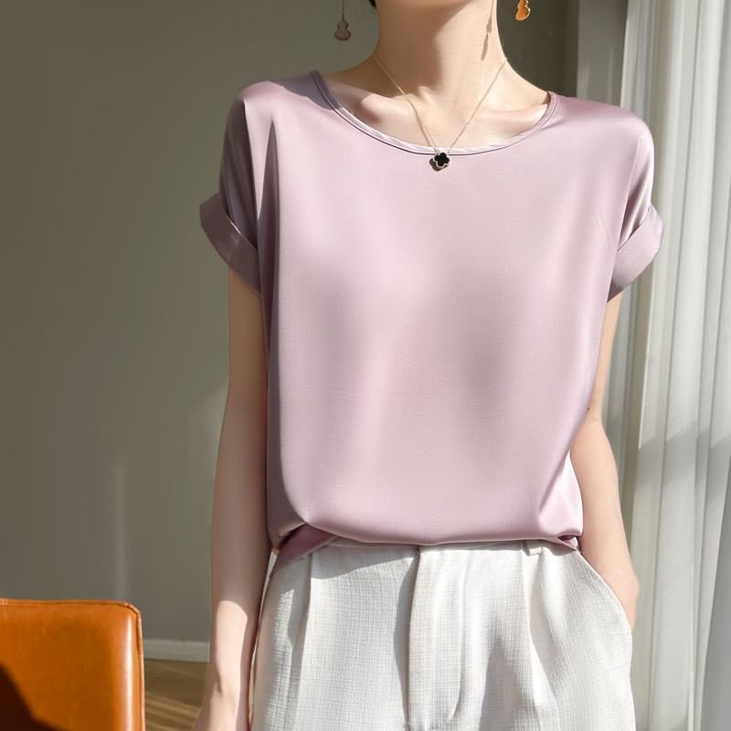 Short-Sleeve Round Neck Plain Satin T-Shirt