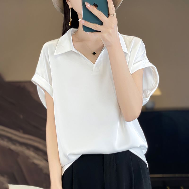 Short-Sleeve Collared Plain Satin Blouse