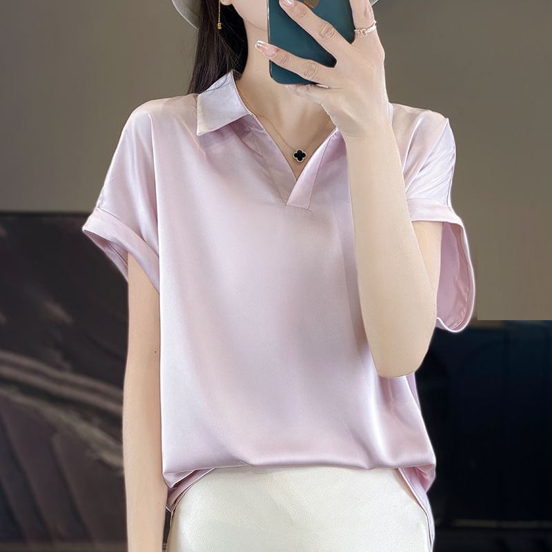 Short-Sleeve Collared Plain Satin Blouse