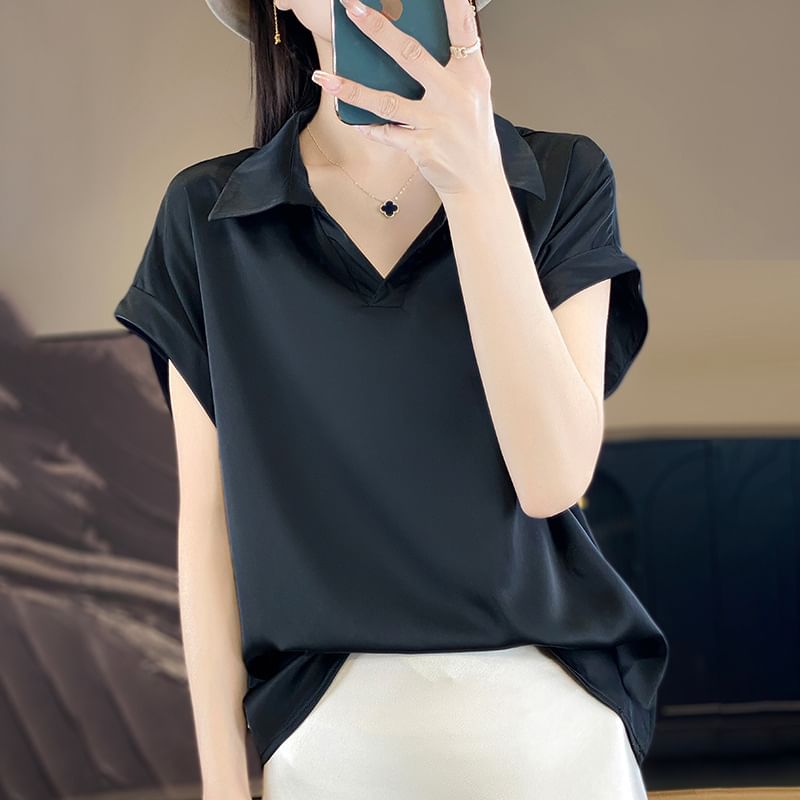 Short-Sleeve Collared Plain Satin Blouse