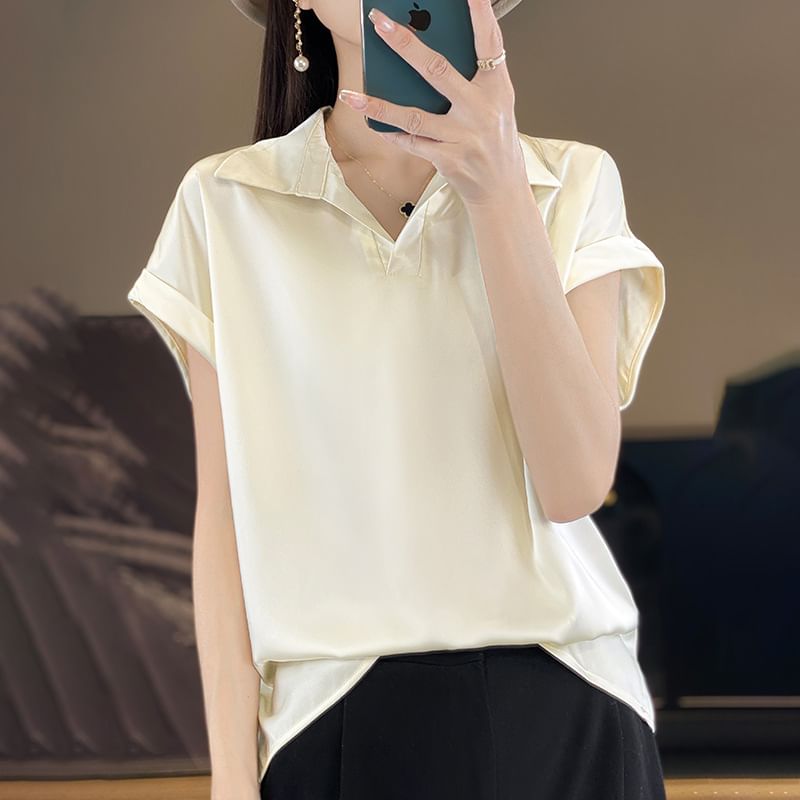 Short-Sleeve Collared Plain Satin Blouse