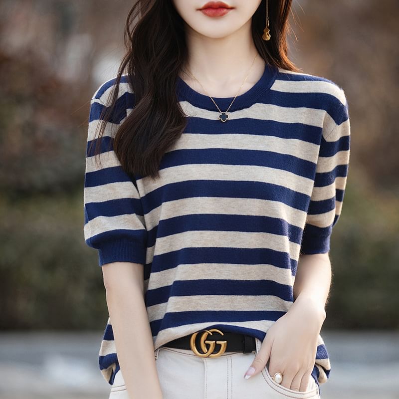 Elbow--Sleeve Round Neck Striped Knit Top