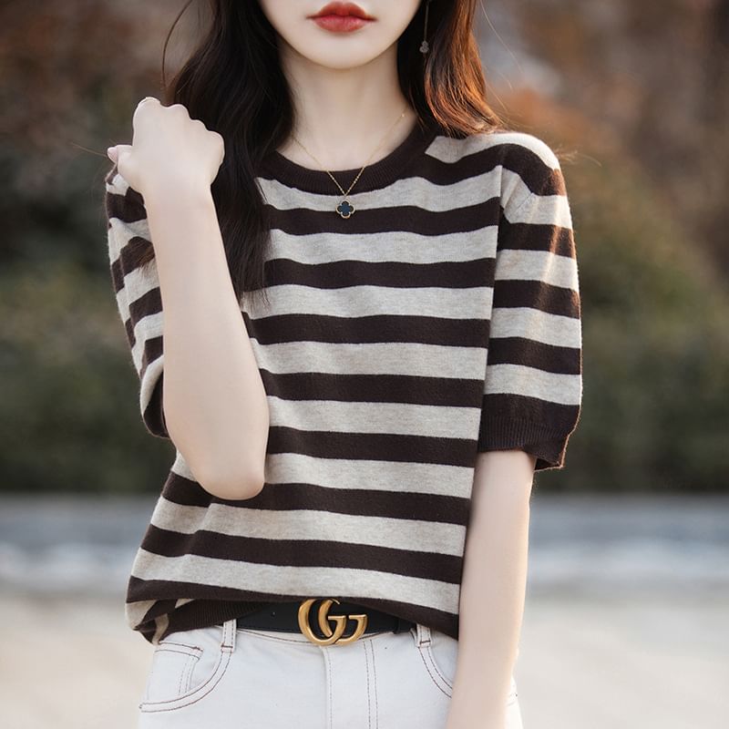 Elbow--Sleeve Round Neck Striped Knit Top