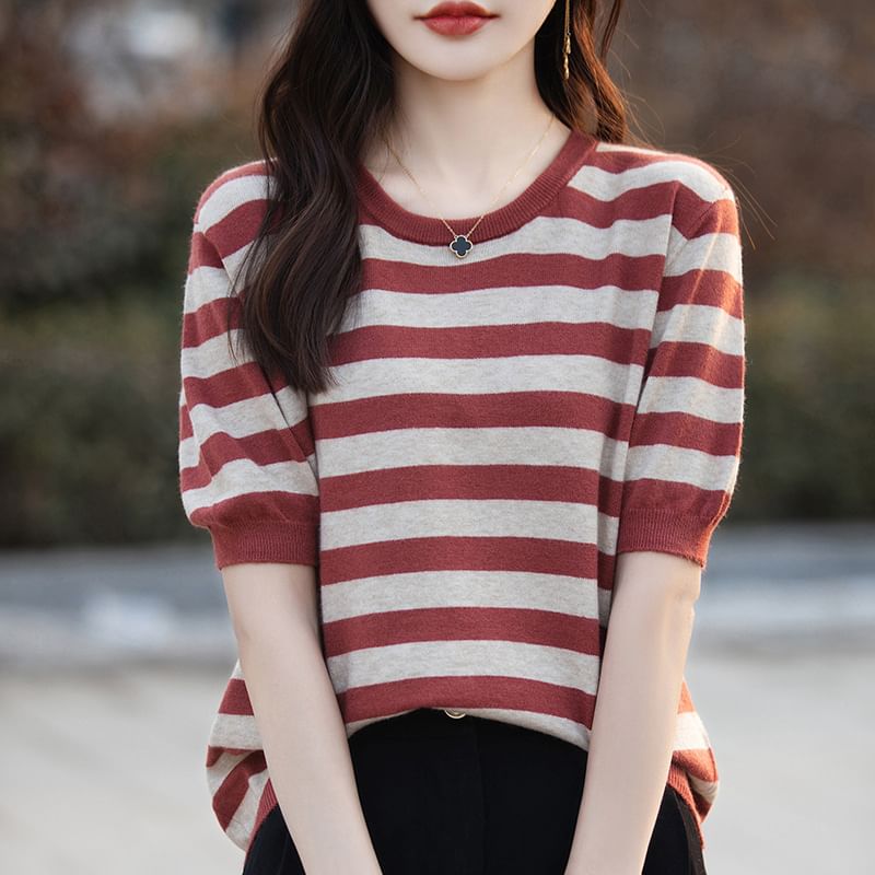 Elbow--Sleeve Round Neck Striped Knit Top