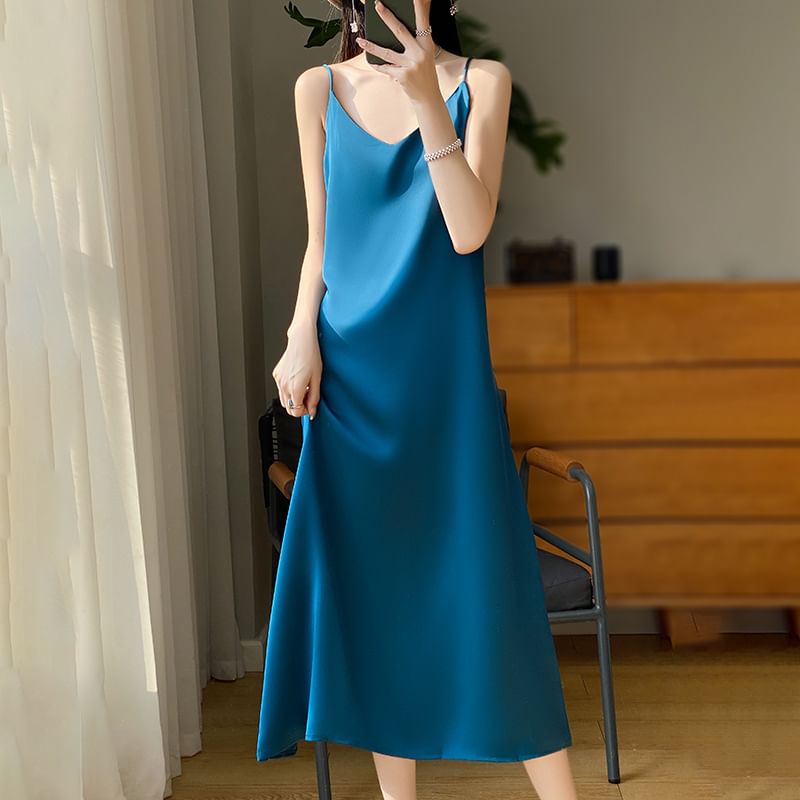 Spaghetti Strap V-Neck Plain Midi A-Line Dress