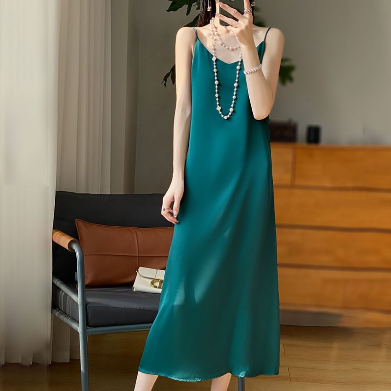 Spaghetti Strap V-Neck Plain Midi A-Line Dress