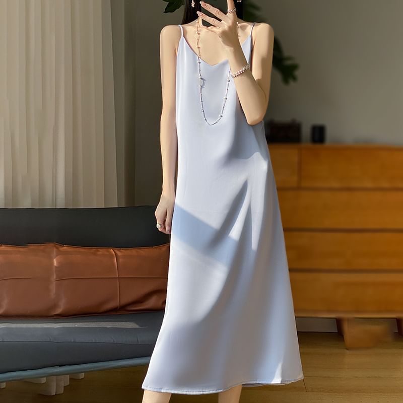 Spaghetti Strap V-Neck Plain Midi A-Line Dress