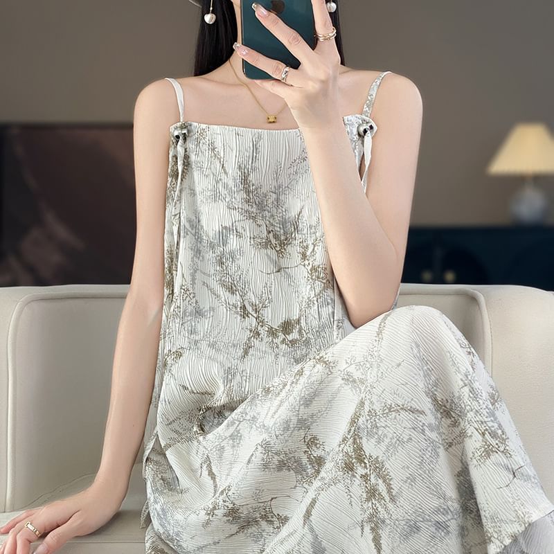 Spaghetti Strap Print Midi A-Line Dress