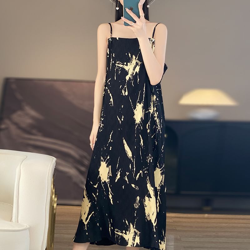 Spaghetti Strap Print Midi A-Line Dress