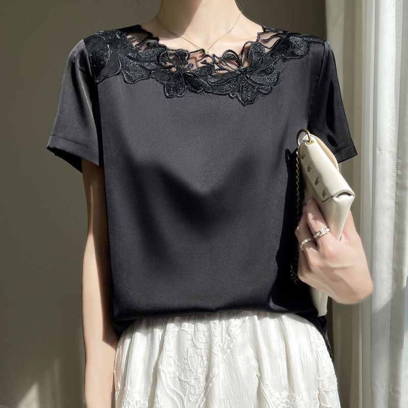 Short-Sleeve Crewneck Lace Trim Plain Tee