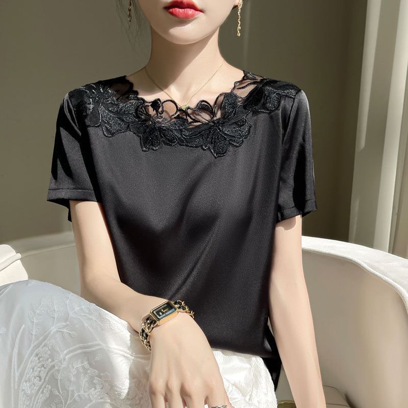 Short-Sleeve Crewneck Lace Trim Plain Tee