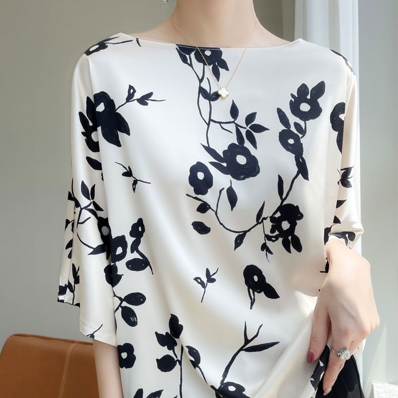 Elbow-Sleeve Crewneck Floral Print Tee