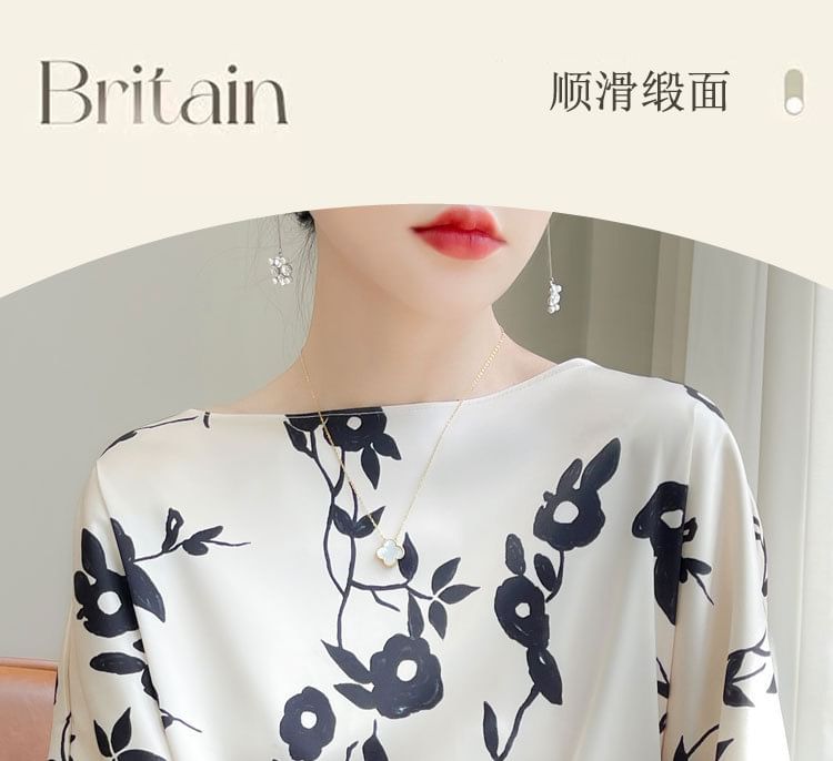 Elbow-Sleeve Crewneck Floral Print Tee
