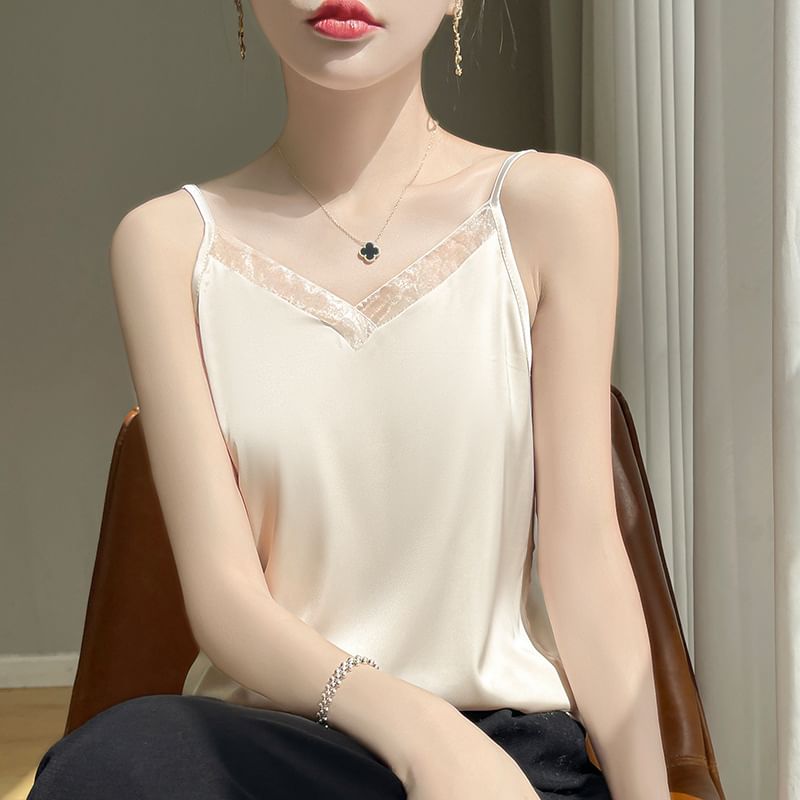 V-Neck Lace Trim Plain Cami Top