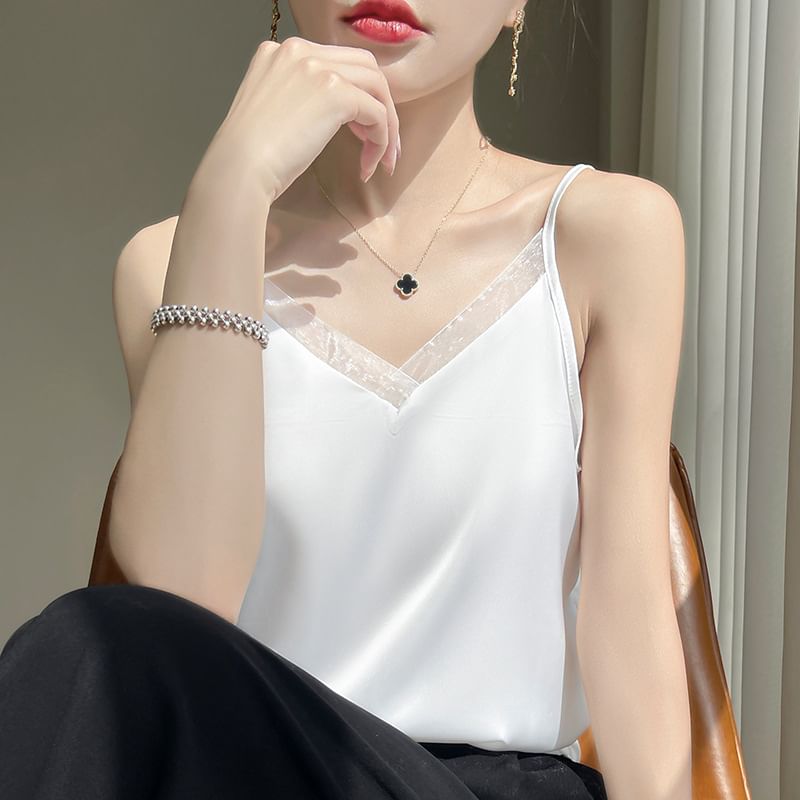 V-Neck Lace Trim Plain Cami Top