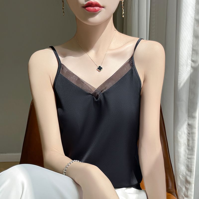 V-Neck Lace Trim Plain Cami Top