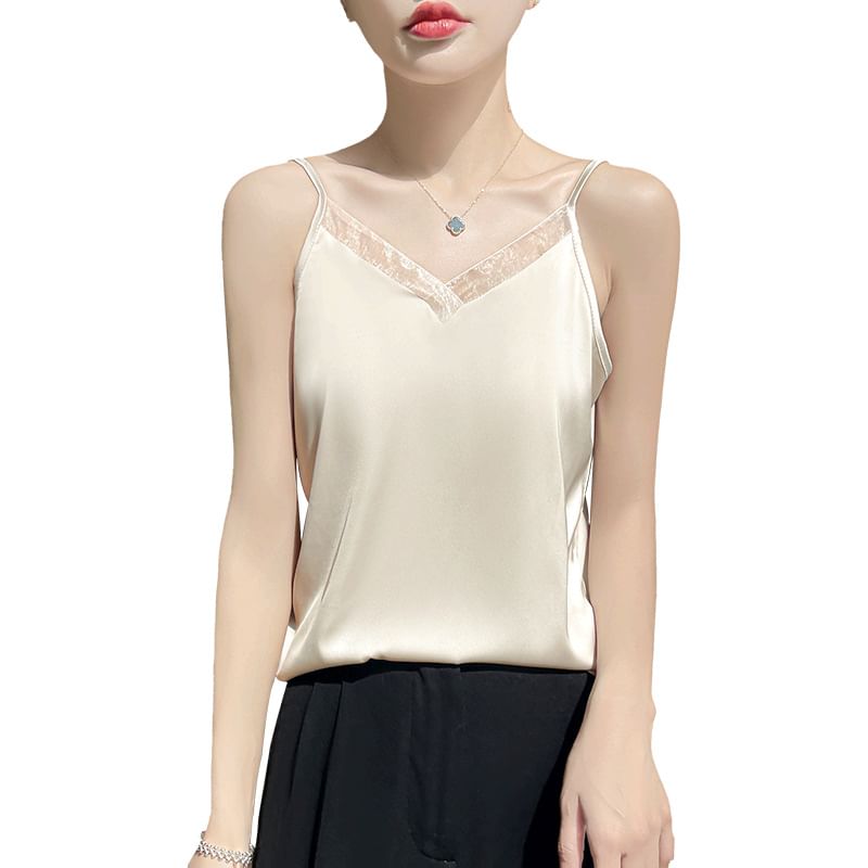 V-Neck Lace Trim Plain Cami Top