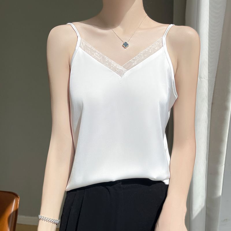 V-Neck Lace Trim Plain Cami Top