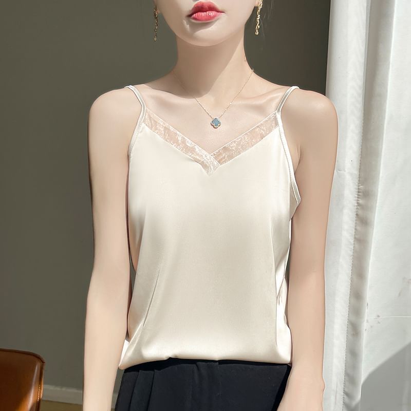 V-Neck Lace Trim Plain Cami Top
