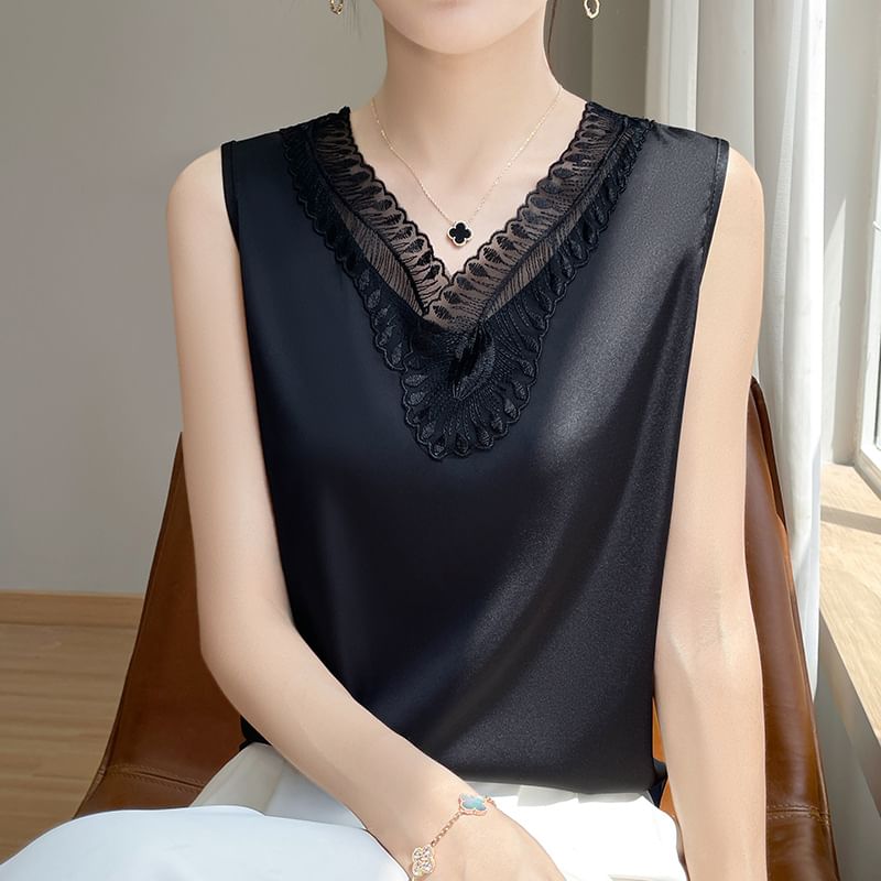 V-Neck Lace Trim Tank Top