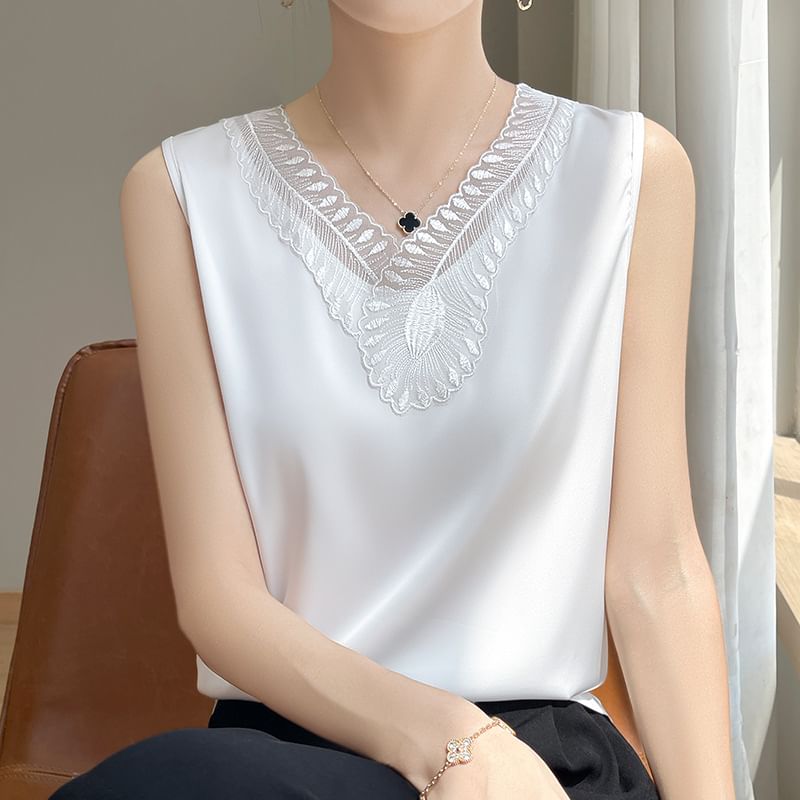 V-Neck Lace Trim Tank Top