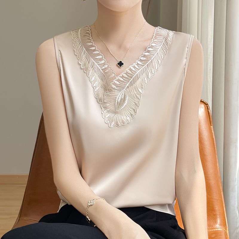 V-Neck Lace Trim Tank Top