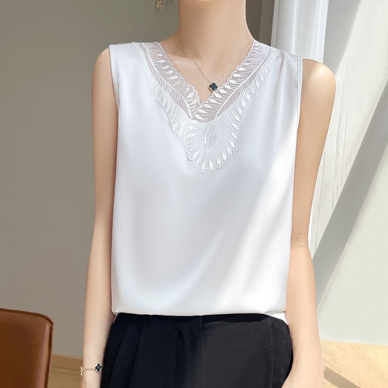 V-Neck Lace Trim Tank Top
