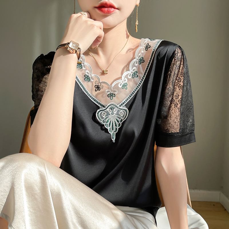 Short Sleeve V-Neck Embroidered Panel Lace Satin Top