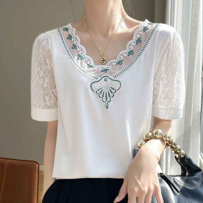 Short Sleeve V-Neck Embroidered Panel Lace Satin Top